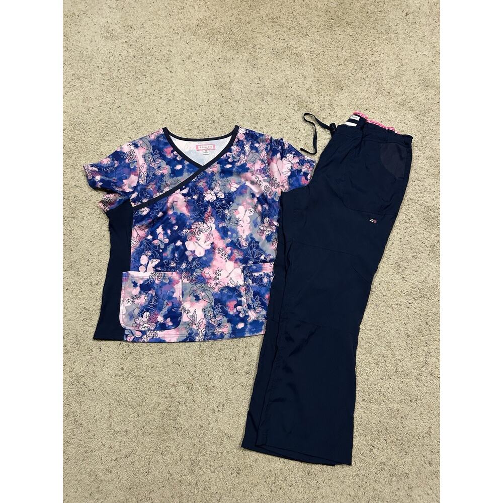 Koi Scrub SET - Floral Top 3X & Koi Lite Pants 2X #721 Navy Blue Pink NICE E25